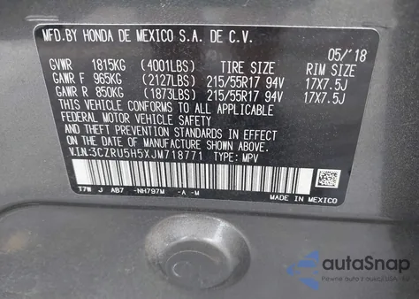 2018 Honda Hr-V Ex from USA, damaged, VIN 3CZRU5H5XJM718771
